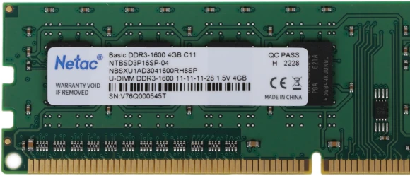 Память DDR3 4GB 1600MHz Netac NTBSD3P16SP-04 Basic RTL PC3-12800 CL11 DIMM 240-pin 1.5В dual rank Ret Память DDR3 4GB 1600MHz Netac NTBSD3P16SP-04 Basic RTL PC3-12800 CL11 DIMM 240-pin 1.5В dual rank Ret
