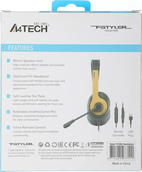 Наушники с микрофоном A4Tech Fstyler FH100U желтый/черный 2м накладные USB оголовье (FH100U (BUMBLEBEE))