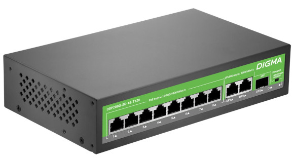 Коммутатор Digma DSP208G-2G-1S-T120 (L2) 10x1Гбит/с 1SFP 8PoE 8PoE+ 120W неуправляемый Коммутатор Digma DSP208G-2G-1S-T120 (L2) 10x1Гбит/с 1SFP 8PoE 8PoE+ 120W неуправляемый