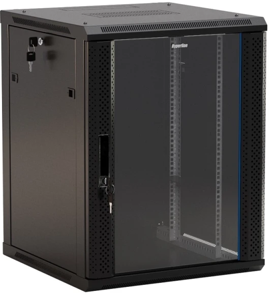 Шкаф коммутационный Hyperline (TWB-2766-SR-RAL9004) настенный 27U 600x600мм пер.дв.стал.лист 2 бок.пан. 60кг черный 520мм 180град. 1304мм IP20 сталь