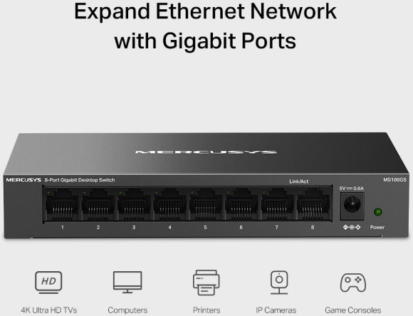 Коммутатор Mercusys MS108GS (L2) 8x1Гбит/с неуправляемый Коммутатор Mercusys MS108GS (L2) 8x1Гбит/с неуправляемый
