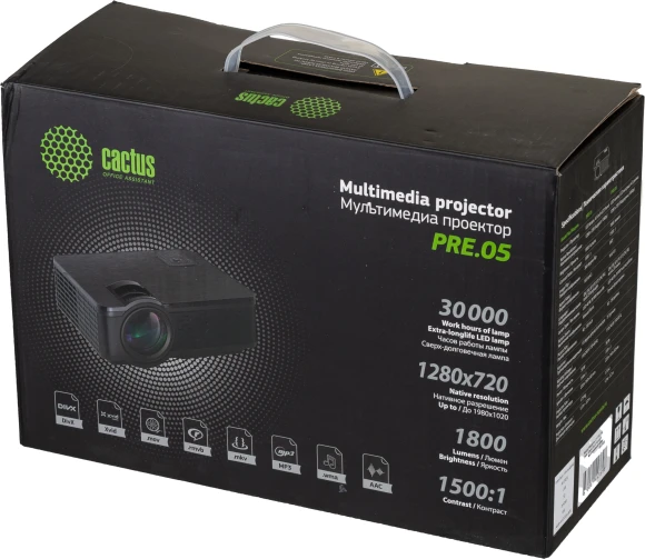 Проектор Cactus CS-PRE.05B.WXGA LCD 1800Lm LS 180Lm ANSI (1280x720) 1500:1 ресурс лампы:30000часов 1xUSB typeA 2xHDMI 1.75кг Проектор Cactus CS-PRE.05B.WXGA LCD 1800Lm LS 180Lm ANSI (1280x720) 1500:1 ресурс лампы:30000часов 1xUSB typeA 2xHDMI 1.75кг