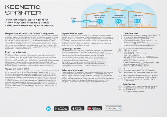 Роутер беспроводной Keenetic Sprinter (KN-3711) AX3000 10/100/1000BASE-TX белый