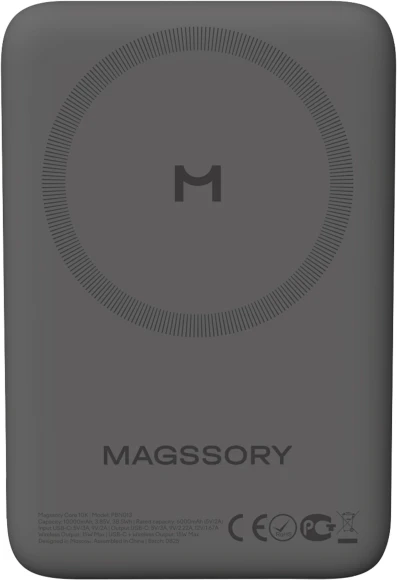Мобильный аккумулятор Magssory PBN022 10000mAh QC4.0/PD3.0 15W 3A USB-C беспров.зар. титановый