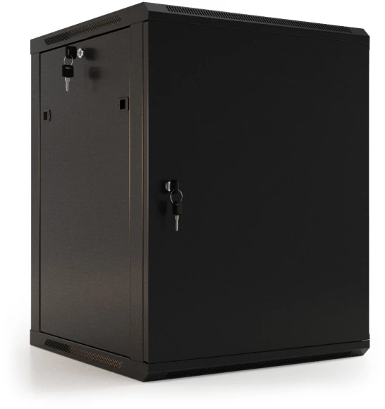 Шкаф коммутационный Hyperline (TWB-FC-1266-SR-RAL9004) настенный 12U 600x600мм пер.дв.металл задн.дв.спл.стал.лист 2 бок.пан. направл.под винты 60кг черный 520мм 180град. 650мм IP20 сталь