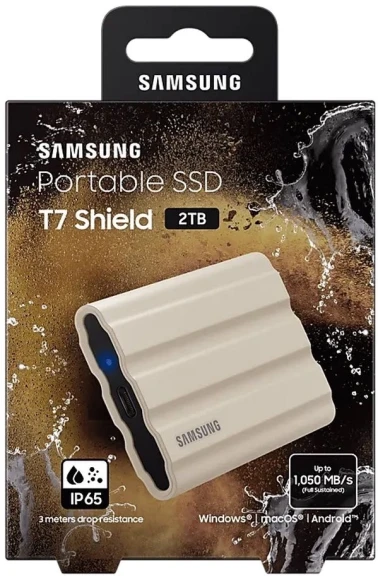 Накопитель SSD Samsung Original USB-C 2Tb MU-PE2T0K/WW Shield T7 1.8" бежевый