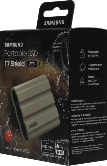 Накопитель SSD Samsung Original USB-C 2Tb MU-PE2T0K/WW Shield T7 1.8" бежевый