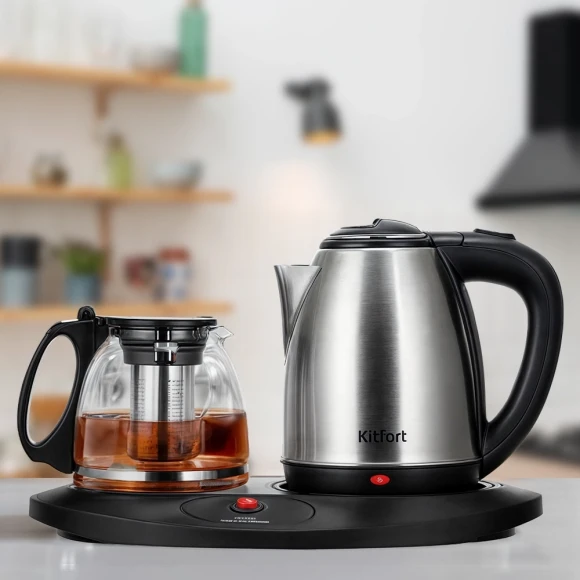 Чайный набор Kitfort КТ-6638 1.8л. 1700Вт нержавеющая сталь/черный корпус: нерж.сталь/пластик