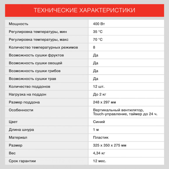 Сушка для фруктов и овощей Starwind SFD9535 12под. 400Вт черный