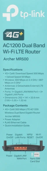 Роутер беспроводной TP-Link Archer MR500 AC1200 10/100/1000BASE-TX/4G cat.6 черный