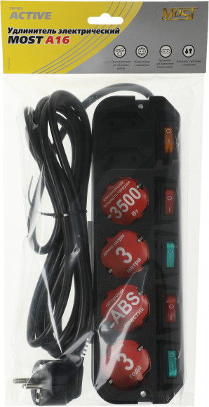 Сетевой удлинитель Most A16 3м (6 розеток) черный (коробка)