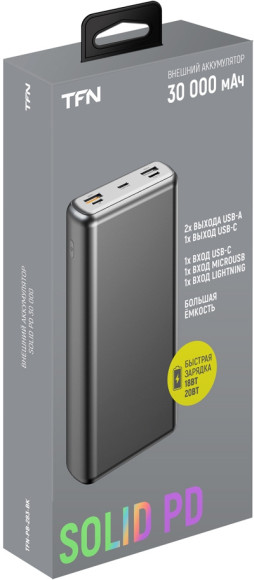 Мобильный аккумулятор TFN Solid PB-283 30000mAh QC/PD 20W 3A 3xUSB-A/USB-C черный (TFN-PB-283-BK)