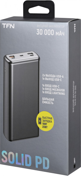 Мобильный аккумулятор TFN Solid PB-283 30000mAh QC/PD 20W 3A 3xUSB-A/USB-C черный (TFN-PB-283-BK)