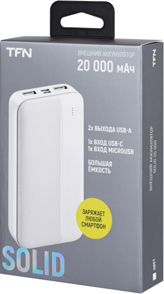 Мобильный аккумулятор TFN Solid PB-282 20000mAh 11W 2.1A 2xUSB-A белый (TFN-PB-282-WH)