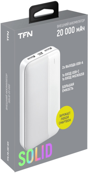 Мобильный аккумулятор TFN Solid PB-282 20000mAh 11W 2.1A 2xUSB-A белый (TFN-PB-282-WH)