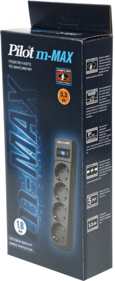 Сетевой фильтр Pilot m-MAX 1.8м (4 розетки) серый (коробка) Сетевой фильтр Pilot m-MAX 1.8м (4 розетки) серый (коробка)