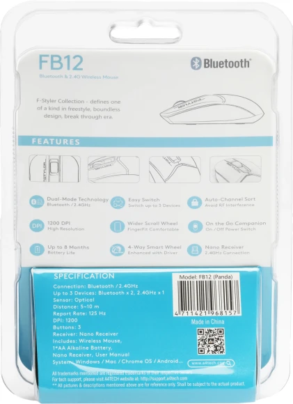 Мышь A4Tech Fstyler FB12 белый/черный оптическая 1200dpi беспров. BT/Radio USB 3but (FB12 PANDA)