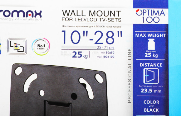 Кронштейн для телевизора Kromax OPTIMA-100 черный 10"-28" макс.25кг настенный фиксированный