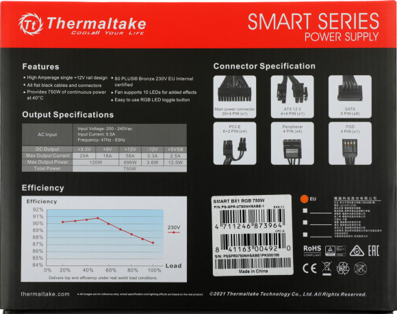 Блок питания Thermaltake ATX 750W Smart BX1 RGB 80+ bronze (20+4pin) APFC 120mm fan color LED 8xSATA RTL Блок питания Thermaltake ATX 750W Smart BX1 RGB 80+ bronze (20+4pin) APFC 120mm fan color LED 8xSATA RTL