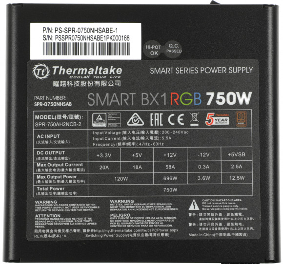Блок питания Thermaltake ATX 750W Smart BX1 RGB 80+ bronze (20+4pin) APFC 120mm fan color LED 8xSATA RTL Блок питания Thermaltake ATX 750W Smart BX1 RGB 80+ bronze (20+4pin) APFC 120mm fan color LED 8xSATA RTL