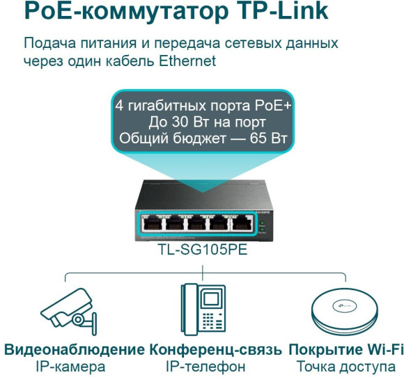 Коммутатор TP-Link TL-SG105PE (L2) 5x1Гбит/с 4PoE+ 65W управляемый Коммутатор TP-Link TL-SG105PE (L2) 5x1Гбит/с 4PoE+ 65W управляемый