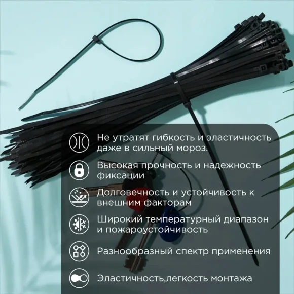 Стяжка пластиковая Rexant 87-0251 250x3.6мм (упак:100шт) нейлон внешний (-60/+85) черный Стяжка пластиковая Rexant 87-0251 250x3.6мм (упак:100шт) нейлон внешний (-60/+85) черный