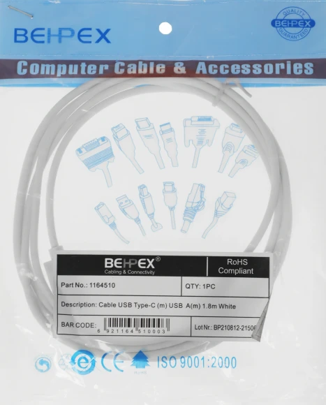 Кабель USB (m)-USB Type-C (m) 1.8м белый