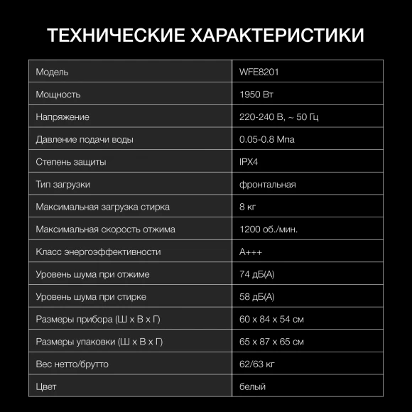 Стиральная машина Hyundai WFE8201 класс: A+++ загр.фронтальная макс.:8кг белый инвертор