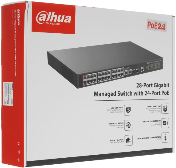 Коммутатор Dahua DH-S4228-24GT-240 (L2) 28x1Гбит/с 2SFP 24PoE 240W управляемый