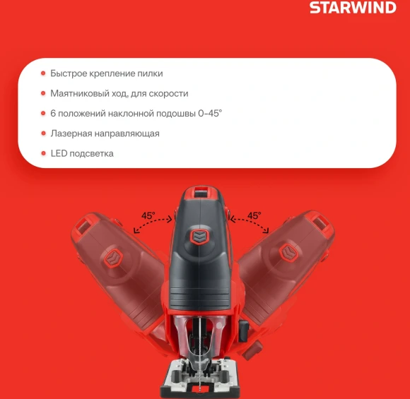 Лобзик Starwind JS100-900S1 +2пил. 900Вт 3000ходов/мин от электросети