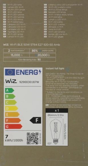 Умная лампа WiZ E27 50Вт 640lm Wi-Fi (упак.:1шт) (929003018701) Умная лампа WiZ E27 50Вт 640lm Wi-Fi (упак.:1шт) (929003018701)