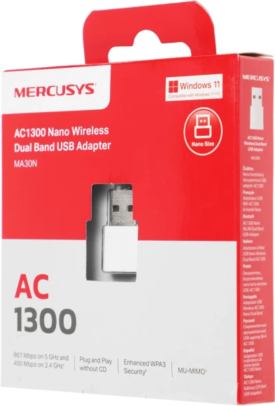 Сетевой адаптер Wi-Fi Mercusys MA30N AC1300 USB 2.0 (ант.внутр.)