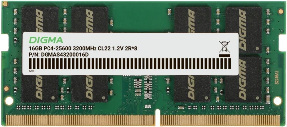 Память DDR4 16Gb 3200MHz Digma DGMAS43200016D RTL PC4-25600 CL22 SO-DIMM 260-pin 1.2В dual rank Ret Память DDR4 16Gb 3200MHz Digma DGMAS43200016D RTL PC4-25600 CL22 SO-DIMM 260-pin 1.2В dual rank Ret