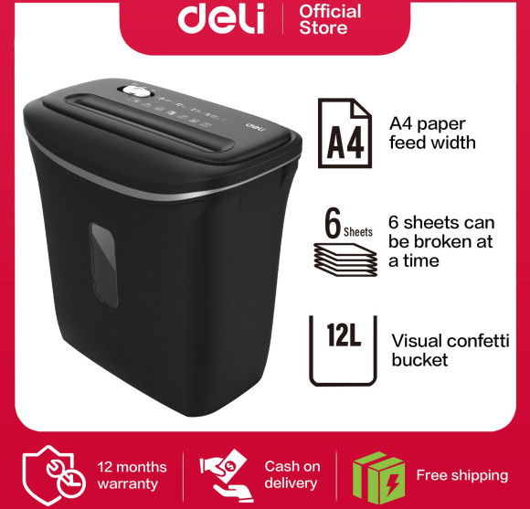 Шредер Deli E9945 черный (секр.P-4) фрагменты 6лист. 12лтр. скобы пл.карты Шредер Deli E9945 черный (секр.P-4) фрагменты 6лист. 12лтр. скобы пл.карты