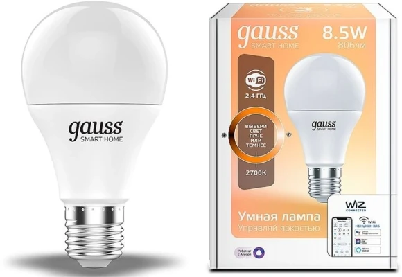 Умная лампа Gauss IoT Smart Home E27 8.5Вт 806lm Wi-Fi (упак.:1шт) (1050112) Умная лампа Gauss IoT Smart Home E27 8.5Вт 806lm Wi-Fi (упак.:1шт) (1050112)