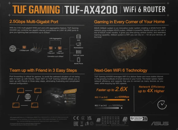 Роутер беспроводной Asus TUF-AX4200 AX4200 10/100/1000/2500BASE-TX/4G ready черный Роутер беспроводной Asus TUF-AX4200 AX4200 10/100/1000/2500BASE-TX/4G ready черный