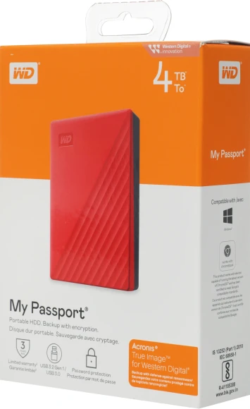 Жесткий диск WD USB3.2 Gen1 4TB WDBPKJ0040BRD-WESN My Passport 2.5" красный