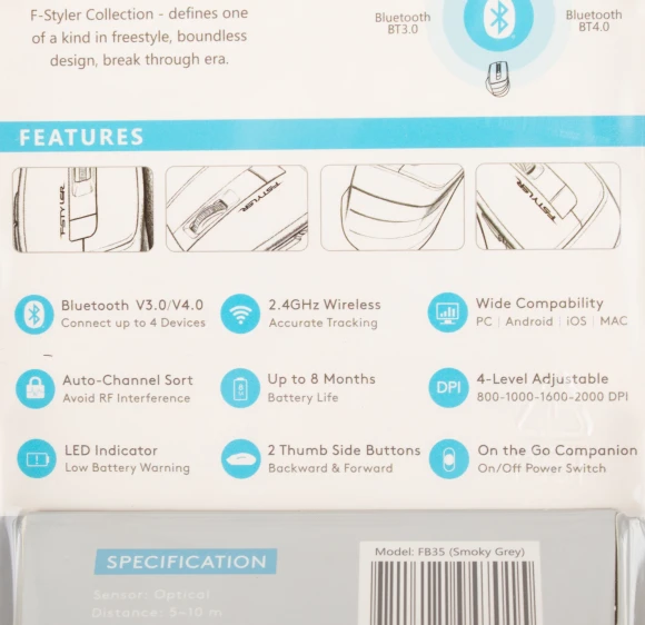 Мышь A4Tech Fstyler FB35 серый оптическая 2000dpi беспров. BT/Radio USB для ноутбука 6but (FB35 SMOKY GREY) Мышь A4Tech Fstyler FB35 серый оптическая 2000dpi беспров. BT/Radio USB для ноутбука 6but (FB35 SMOKY GREY)