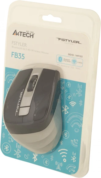 Мышь A4Tech Fstyler FB35 серый оптическая 2000dpi беспров. BT/Radio USB для ноутбука 6but (FB35 SMOKY GREY) Мышь A4Tech Fstyler FB35 серый оптическая 2000dpi беспров. BT/Radio USB для ноутбука 6but (FB35 SMOKY GREY)
