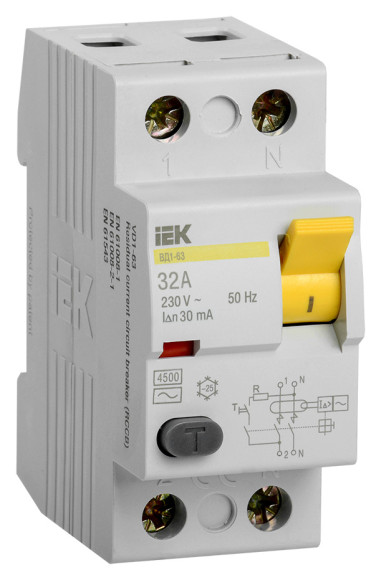 Выключатель дифф.тока УЗО IEK MDV10-2-032-030 ВД1-63 32A 30мА AC 2П 230В 2мод белый (упак.:1шт)