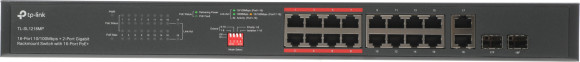 Коммутатор TP-Link TL-SL1218MP (L2) 16x100Мбит/с 2x1Гбит/с 2xКомбо(1000BASE-T/SFP) 16PoE+ 192W неуправляемый