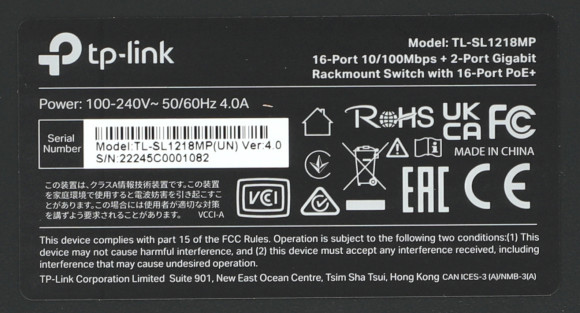 Коммутатор TP-Link TL-SL1218MP (L2) 16x100Мбит/с 2x1Гбит/с 2xКомбо(1000BASE-T/SFP) 16PoE+ 192W неуправляемый