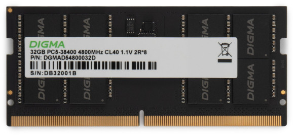 Память DDR5 32GB 4800MHz Digma DGMAS54800032D RTL PC5-38400 CL40 SO-DIMM 262-pin 1.1В dual rank Ret Память DDR5 32GB 4800MHz Digma DGMAS54800032D RTL PC5-38400 CL40 SO-DIMM 262-pin 1.1В dual rank Ret