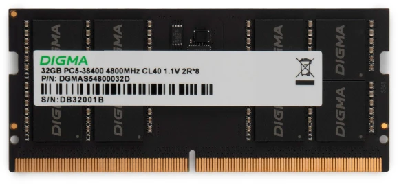 Память DDR5 32GB 4800MHz Digma DGMAS54800032D RTL PC5-38400 CL40 SO-DIMM 262-pin 1.1В dual rank Ret Память DDR5 32GB 4800MHz Digma DGMAS54800032D RTL PC5-38400 CL40 SO-DIMM 262-pin 1.1В dual rank Ret