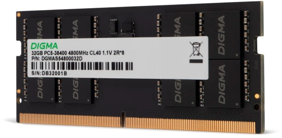 Память DDR5 32GB 4800MHz Digma DGMAS54800032D RTL PC5-38400 CL40 SO-DIMM 262-pin 1.1В dual rank Ret Память DDR5 32GB 4800MHz Digma DGMAS54800032D RTL PC5-38400 CL40 SO-DIMM 262-pin 1.1В dual rank Ret