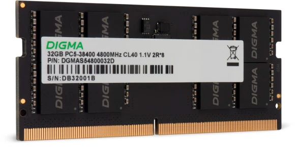Память DDR5 32GB 4800MHz Digma DGMAS54800032D RTL PC5-38400 CL40 SO-DIMM 262-pin 1.1В dual rank Ret Память DDR5 32GB 4800MHz Digma DGMAS54800032D RTL PC5-38400 CL40 SO-DIMM 262-pin 1.1В dual rank Ret