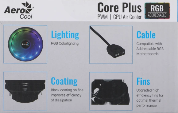Устройство охлаждения(кулер) Aerocool Core Plus ARGB Soc-AM5/AM4/1200/1700/1851 черный 4-pin 15-25dB Al 110W 305gr Ret (CORE PLUS ARGB PWM 4P)