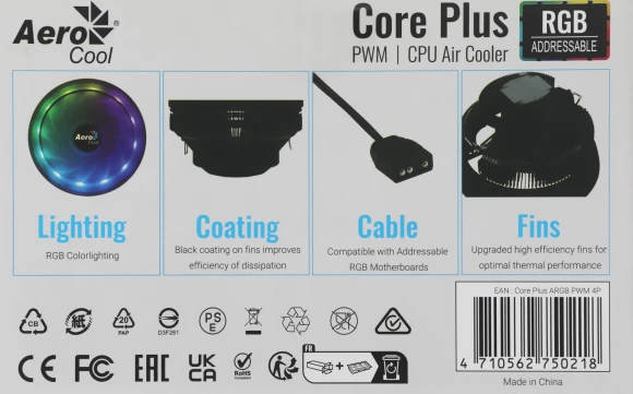 Устройство охлаждения(кулер) Aerocool Core Plus ARGB Soc-AM5/AM4/1200/1700/1851 черный 4-pin 15-25dB Al 110W 305gr Ret (CORE PLUS ARGB PWM 4P)