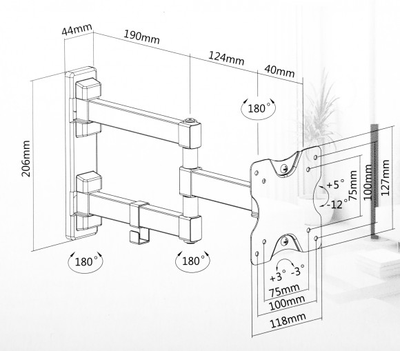 Кронштейн для телевизора Ultramounts UM894 черный 13"-27" макс.20кг настенный поворотно-выдвижной и наклонный