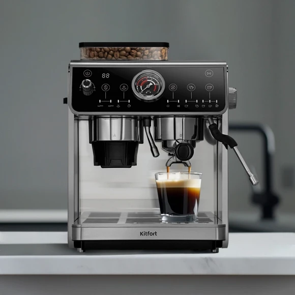 Кофеварка рожковая Kitfort КТ-7321 2800Вт нержавеющая сталь/черный Кофеварка рожковая Kitfort КТ-7321 2800Вт нержавеющая сталь/черный